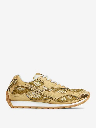 Bottega Veneta Orbit Metallic Rubber And Mesh Trainers In Gold