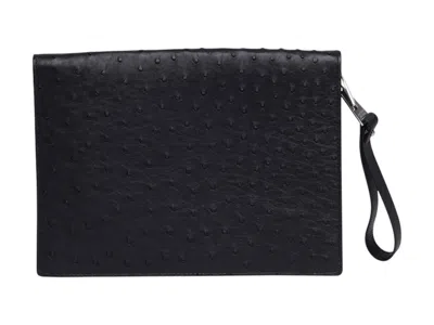 Pre-owned Bottega Veneta Ostrich Leather Document Case Wristlet In Black