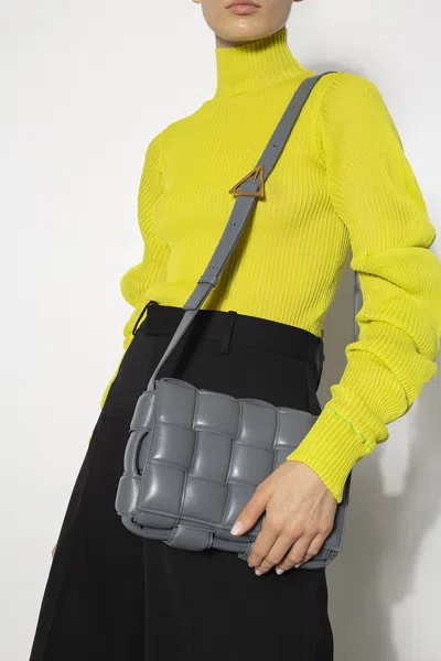 Bottega Veneta Padded Cassette Shoulder Bag In Intreccio Leather In Grey