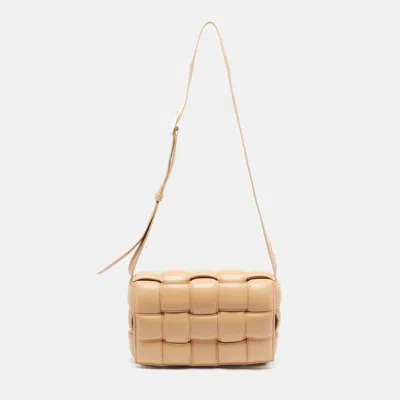 Pre-owned Bottega Veneta Padded Cassette Tan Intreccio Leather Shoulder Bag In Brown