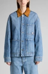 Bottega Veneta Blue Jacket With Suede Collar And Logo Patch In Denim Woman In 4715 Mid Blue