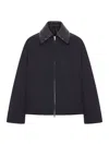 Bottega Veneta Intrecciato Leather Collar Tech Nylon Puffer Jacket In Blue