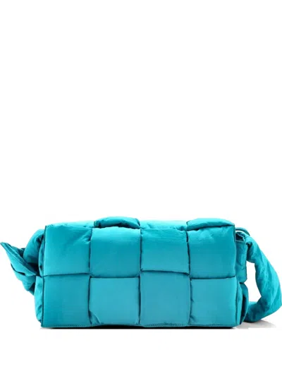 Pre-owned Bottega Veneta Padded Tech Cassette Intrecciato Nylon Crossbody Bag In Blue