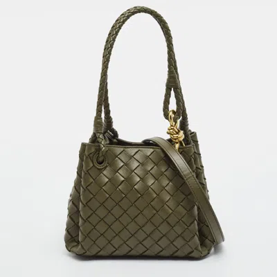 Pre-owned Bottega Veneta Parachute Small Khaki Green Intrecciato Leather Shoulder Bag
