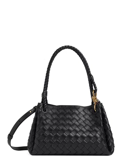 Bottega Veneta 'parachutte' Black Shoulder Bag With Knot Detail And Intrecciato Motif In Leather Wom