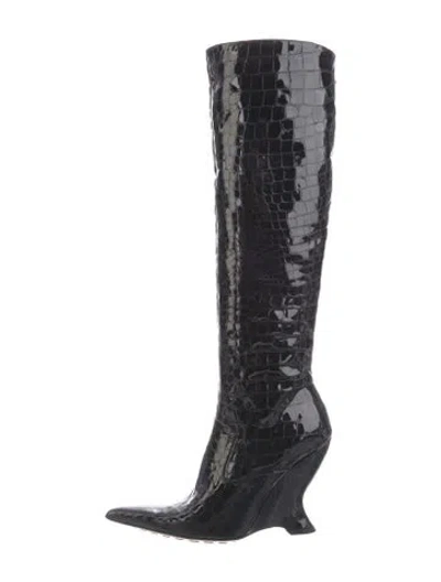 Pre-owned Bottega Veneta Patent Leather Animal Print Boots In Black