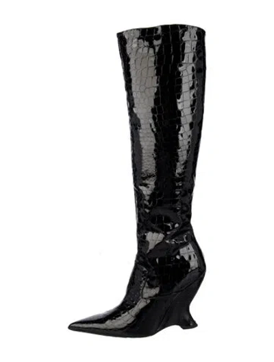 Pre-owned Bottega Veneta Patent Leather Animal Print Boots In Black