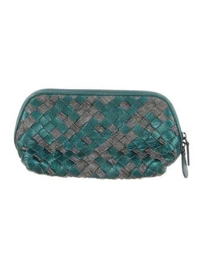 Pre-owned Bottega Veneta Pattern Print Leather Cosmetic Bag In Blue