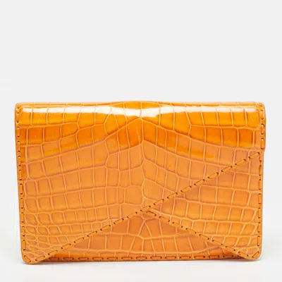 Pre-owned Bottega Veneta Piano Orange Crocodile Clutch