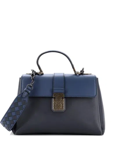 Pre-owned Bottega Veneta Piazza Top Handle Bag Leather With Intrecciato Detail Small Satchel In Blue
