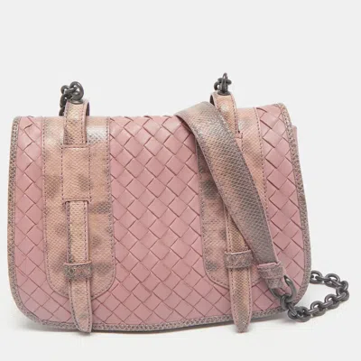Pre-owned Bottega Veneta Pink Intrecciato Leather And Karung Flap Crossbody Bag