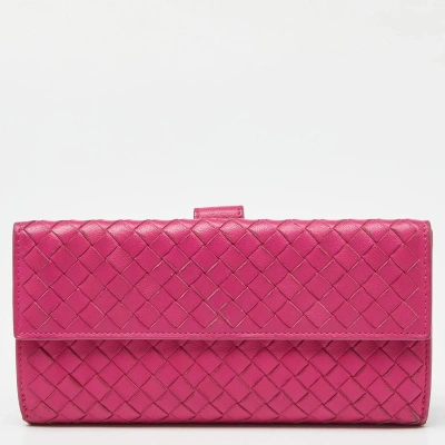 Pre-owned Bottega Veneta Pink Intrecciato Leather Flap Continental Wallet