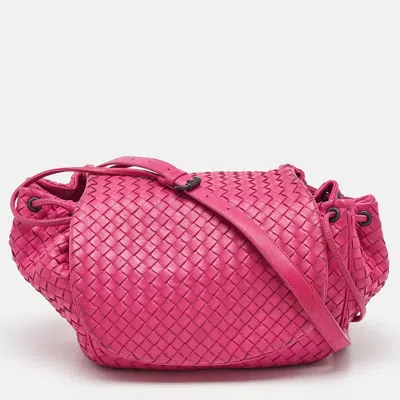 Pre-owned Bottega Veneta Pink Intrecciato Leather Flap Drawstring Crossbody Bag