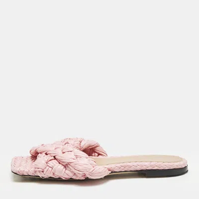 Pre-owned Bottega Veneta Pink Woven Raffia Stretch Flat Slides Size 36