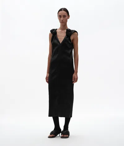 Bottega Veneta Plisse Satin Midi Dress In Black
