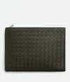 Bottega Veneta Intrecciato Half Zipped Pouch In Kaki/dark Praline