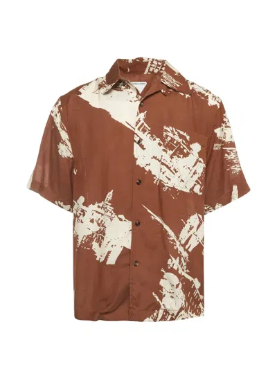 Pre-owned Bottega Veneta Postcard-print Bowling Shirt In Brown