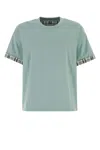 Bottega Veneta Cotton T-shirt With Checked Trim And Foldable Cuffs In Light Blue