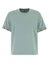 Bottega Veneta Cotton T-shirt With Checked Trim And Foldable Cuffs In Steelbluechalkfond