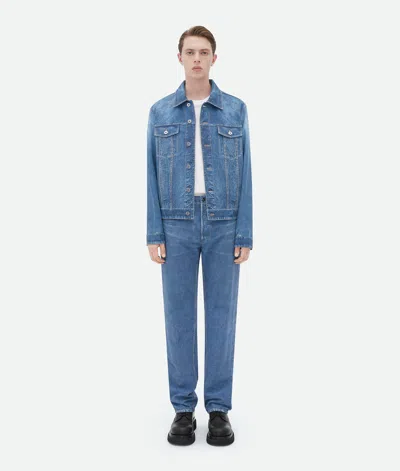 Bottega Veneta Printed Leather Denim Jacket In Blue