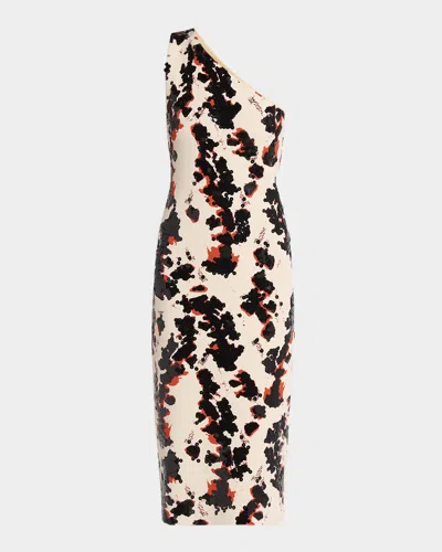Bottega Veneta Printed One-shoulder Sequined Compact Viscose Midi Dress In 9265 Sugar/tulip/black