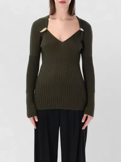 Bottega Veneta Prisma Brooch Knit Top V Neck In Green