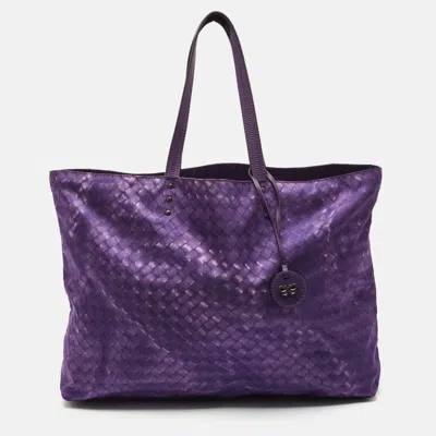 Pre-owned Bottega Veneta Purple Intrecciato Printed Nylon And Leather Tote