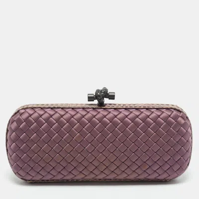 Pre-owned Bottega Veneta Purple Intrecciato Satin And Water Snakeskin Trim Knot Long Clutch