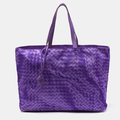 Pre-owned Bottega Veneta Purple Intrecciolusion Nylon And Leather Medium Tote