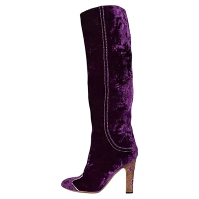 Pre-owned Bottega Veneta Purple Velvet Boots Block Heel Sz 37.5