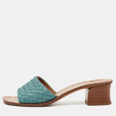 Pre-owned Bottega Veneta Ravello Size 39 Torquoise Intrecciato Leather Slide Sandals In Blue