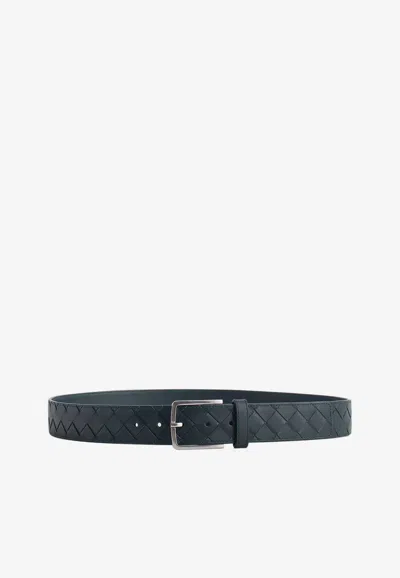 Bottega Veneta Rectangle Buckle Belt In Intrecciato Leather In Inkwell