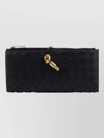 Bottega Veneta Rectangular Keyring Woven Texture Gold Tone Hardware In Black