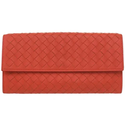 Pre-owned Bottega Veneta Red Color Intrecciato Long Wallet (bi-fold) ()