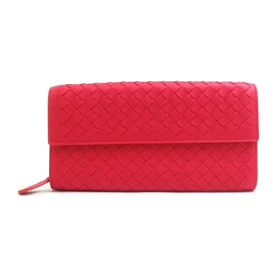 Pre-owned Bottega Veneta Red Color Intrecciato Long Wallet (bi-fold) ()