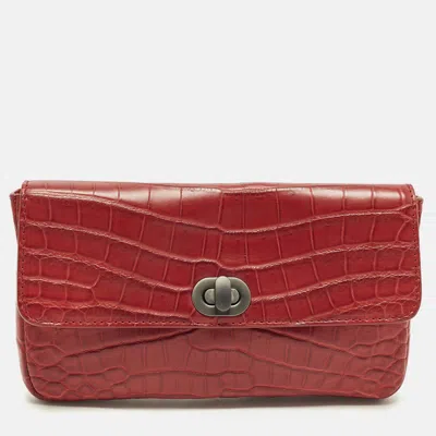 Pre-owned Bottega Veneta Red Croc Embossed Leather Lock Flap Clutch
