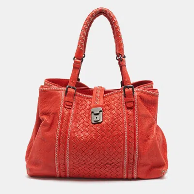 Pre-owned Bottega Veneta Red Intrecciato Pebbled Leather Medium Roma Tote