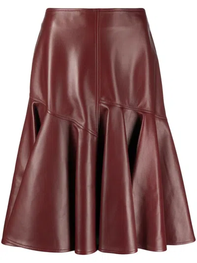 Bottega Veneta Red Pleated Leather Midi Skirt In 6121 - Pomegranate