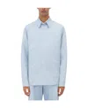Bottega Veneta Striped Leather Shirt Cuffed Sleeves In Light Blue/white