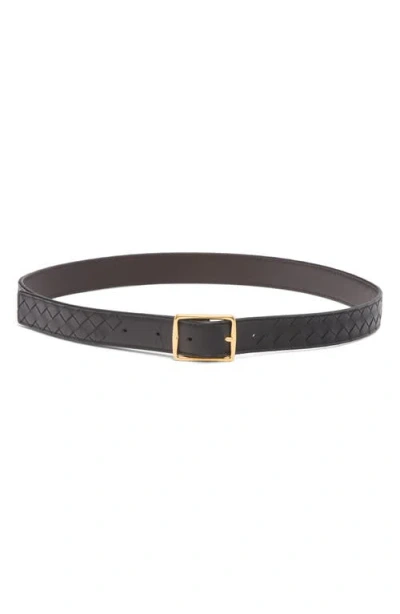 Bottega Veneta Reverso Intrecciato Reversible Leather Belt In Black