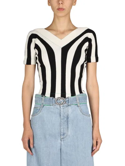 Bottega Veneta Ribbed And Striped Knit V-neck Sweater In Black