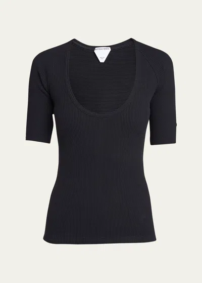 Bottega Veneta Ribbed Compact Cotton Jersey Top In Midniteblu