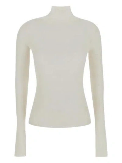 Bottega Veneta Ribbed High Neck Sweater In Luxurious Wool, Silk, And Cashmere Blend In Neutral