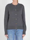 Bottega Veneta Grey Crewneck Cardigan With Knot Buttons Closure And Ribbed Knit In Wool Woman