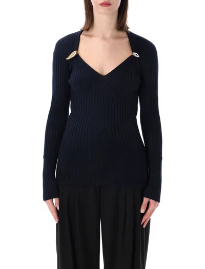 Bottega Veneta Ribbed Sweater With Prisma Pins In Cashmere And Silk In Blue