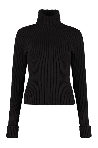 Bottega Veneta Black Ribbed Wool Turtleneck Sweater In Dark Brown