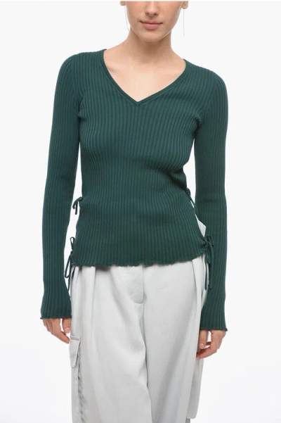 Bottega Veneta Ribbed V-neckline Sweater With Lace-up Detail In Green