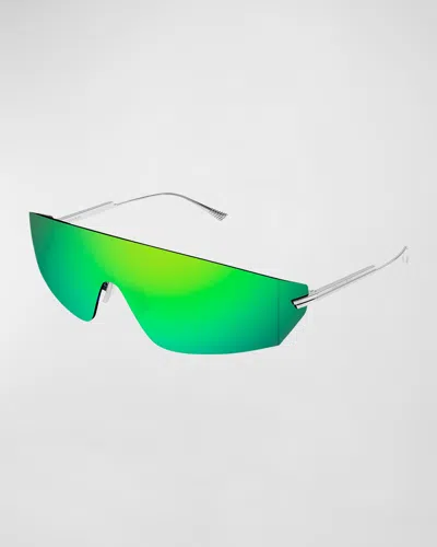 Bottega Veneta Rimless Metal Shield Sunglasses In Silver/green Mirrored Gradient