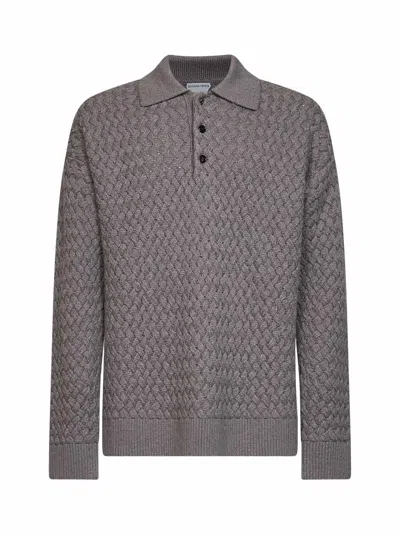 Bottega Veneta Riverbed Melange Intrecciato Wool Knit Long-sleeved Polo Shirt In Gray