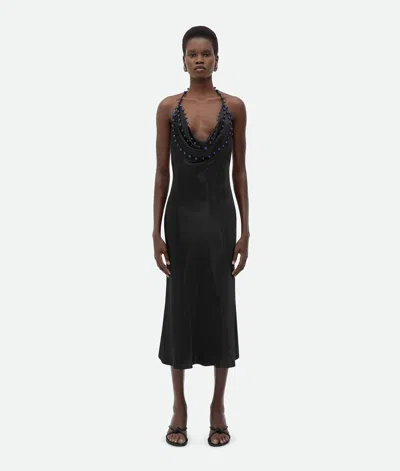 Bottega Veneta Beaded Halter Washed Fluid Shine Viscose Dress In Black